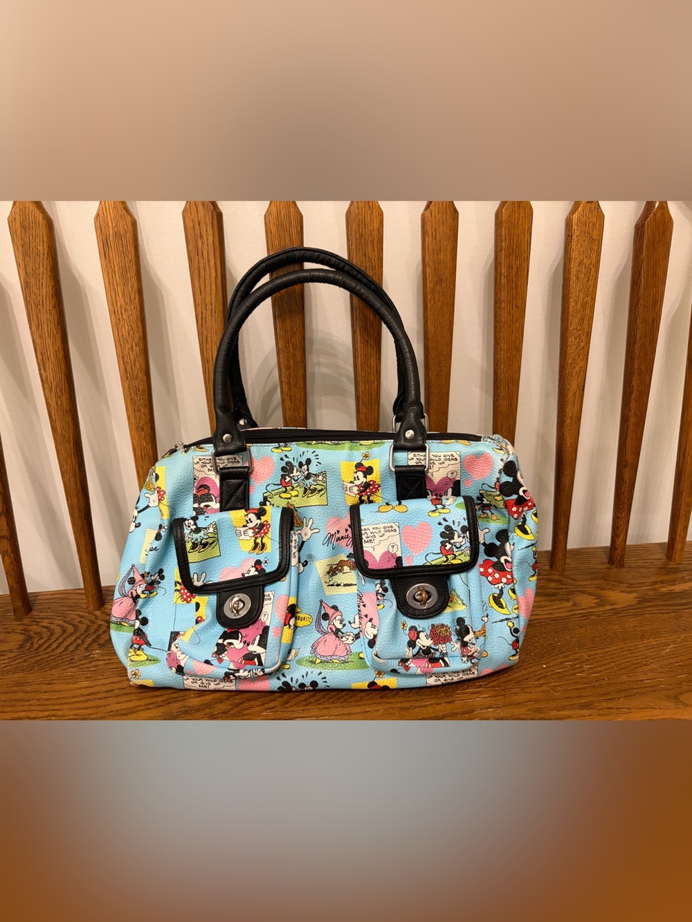 Disney Parks Mickey & Minnie Comic Strip Blue Faux Leather Satchel Bag